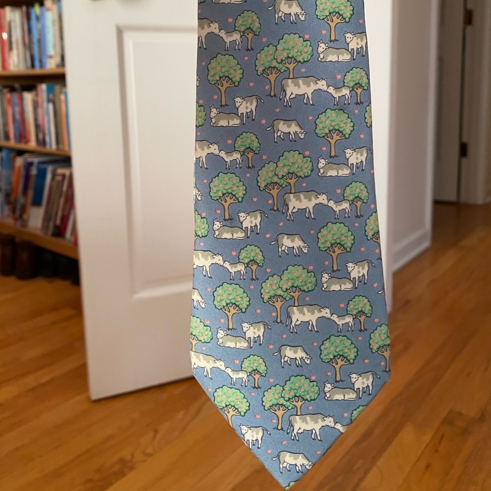 Hermes blue silk tie with cow pattern